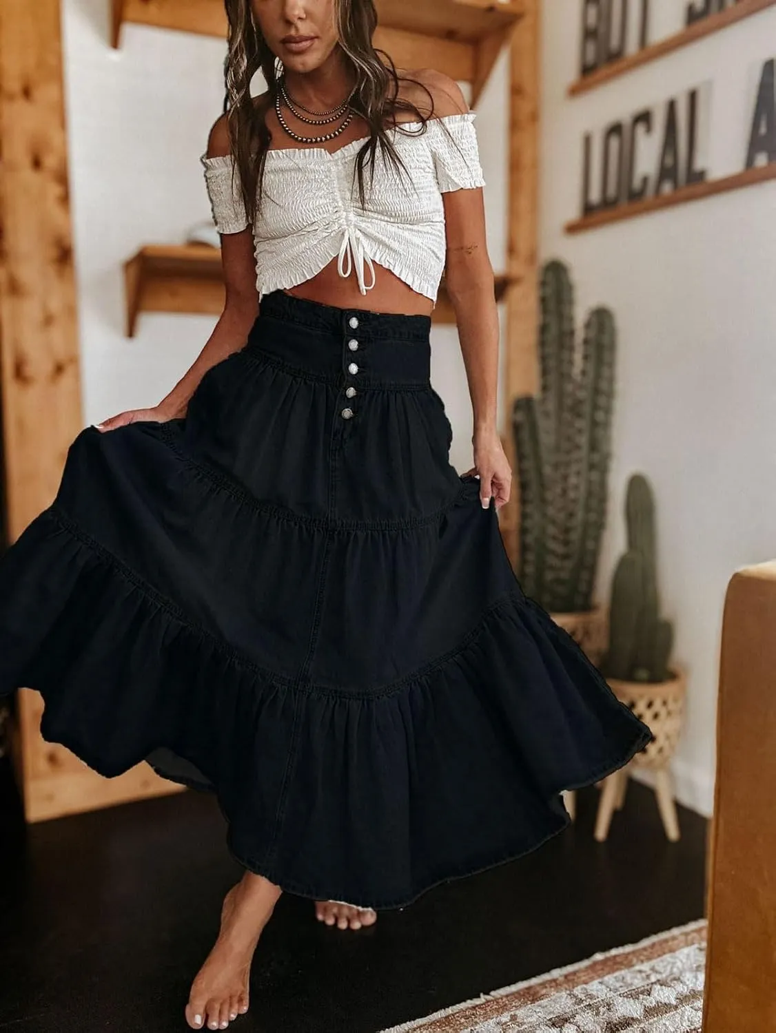 CHARTOU Women's High Waist Tiered Denim Maxi Skirt Ruffle Buttons Flowy Boho Pleated Long Jean Skirts
