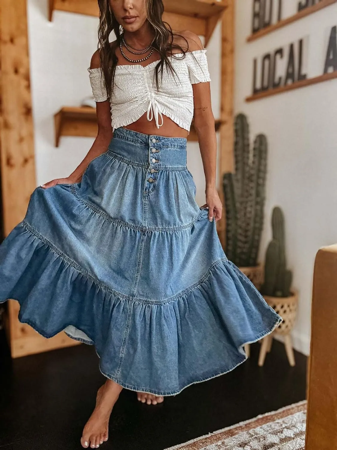 CHARTOU Women's High Waist Tiered Denim Maxi Skirt Ruffle Buttons Flowy Boho Pleated Long Jean Skirts