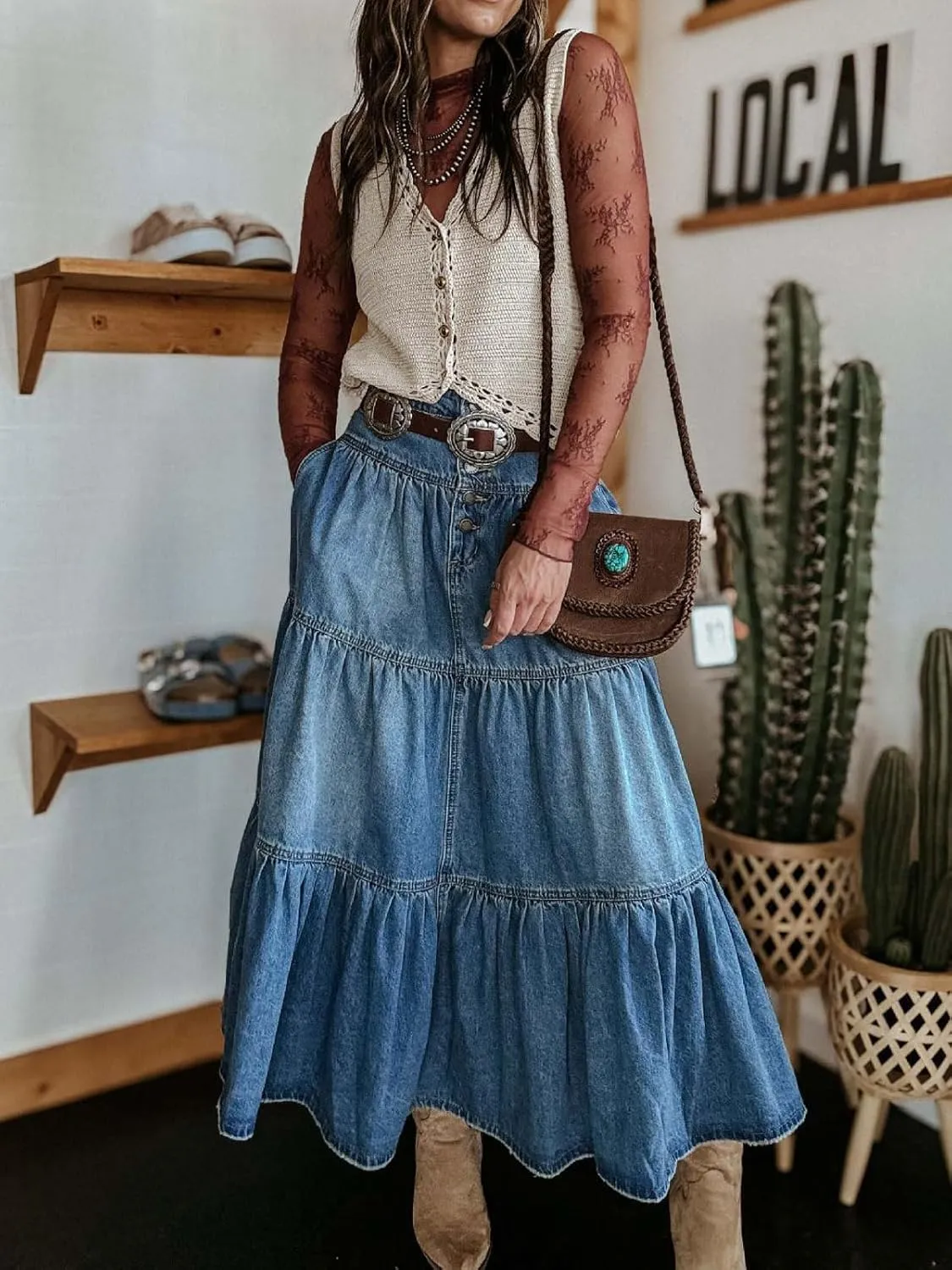 CHARTOU Women's High Waist Tiered Denim Maxi Skirt Ruffle Buttons Flowy Boho Pleated Long Jean Skirts