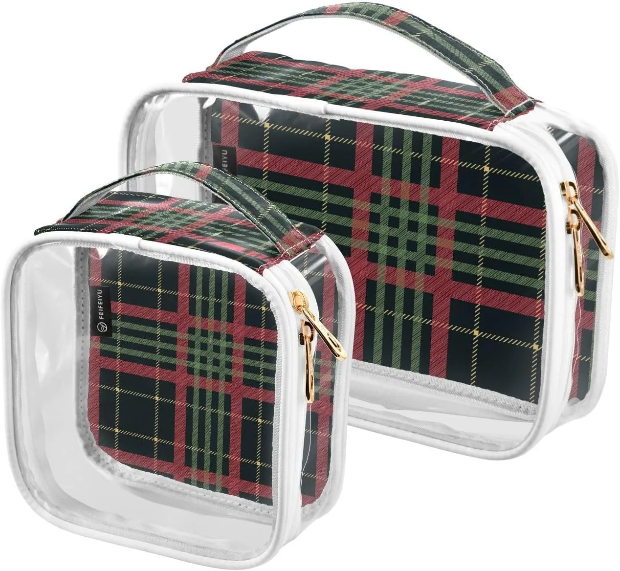 Christmas Plaid 2 Pieces Clear Makeup Cosmetic Bags for Traveling Vacation Organizing, Toiletry Bags for Women Men, PVC Waterproof Travel Organizer