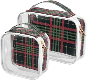 Christmas Plaid 2 Pieces Clear Makeup Cosmetic Bags for Traveling Vacation Organizing, Toiletry Bags for Women Men, PVC Waterproof Travel Organizer