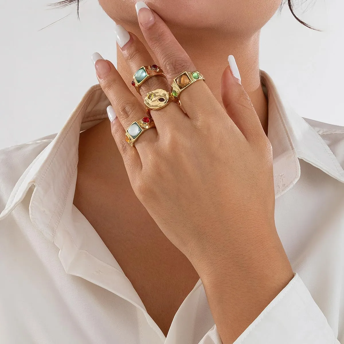 Chunky Knuckle Rings for Women 14K Gold/Silver Plated Crystal Zirconia Ring Set Stacked Opening Adjustable Rings Liquid Irregular Ring Set Prom Jewelry