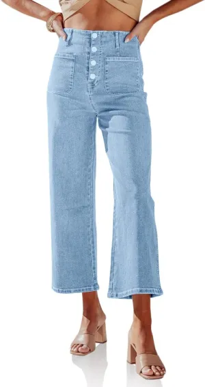 Cicy Bell Womens High Waisted Cropped Jeans Trendy Stretchy Button Fly Straight Wide Leg Capri Denim Pants