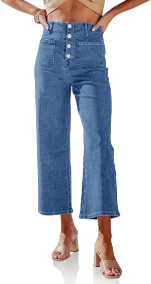 Cicy Bell Womens High Waisted Cropped Jeans Trendy Stretchy Button Fly Straight Wide Leg Capri Denim Pants