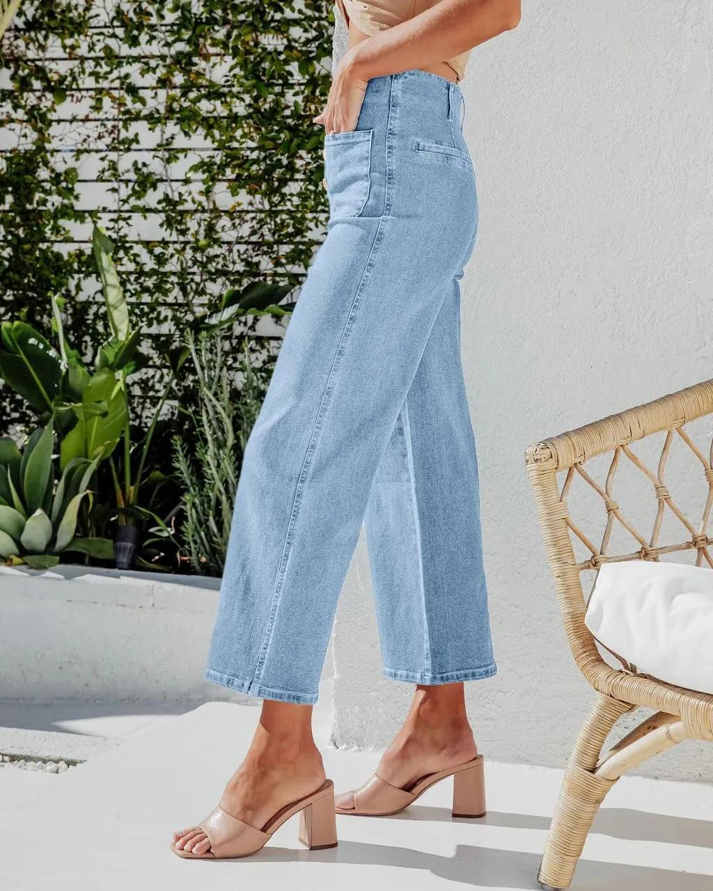 Cicy Bell Womens High Waisted Cropped Jeans Trendy Stretchy Button Fly Straight Wide Leg Capri Denim Pants