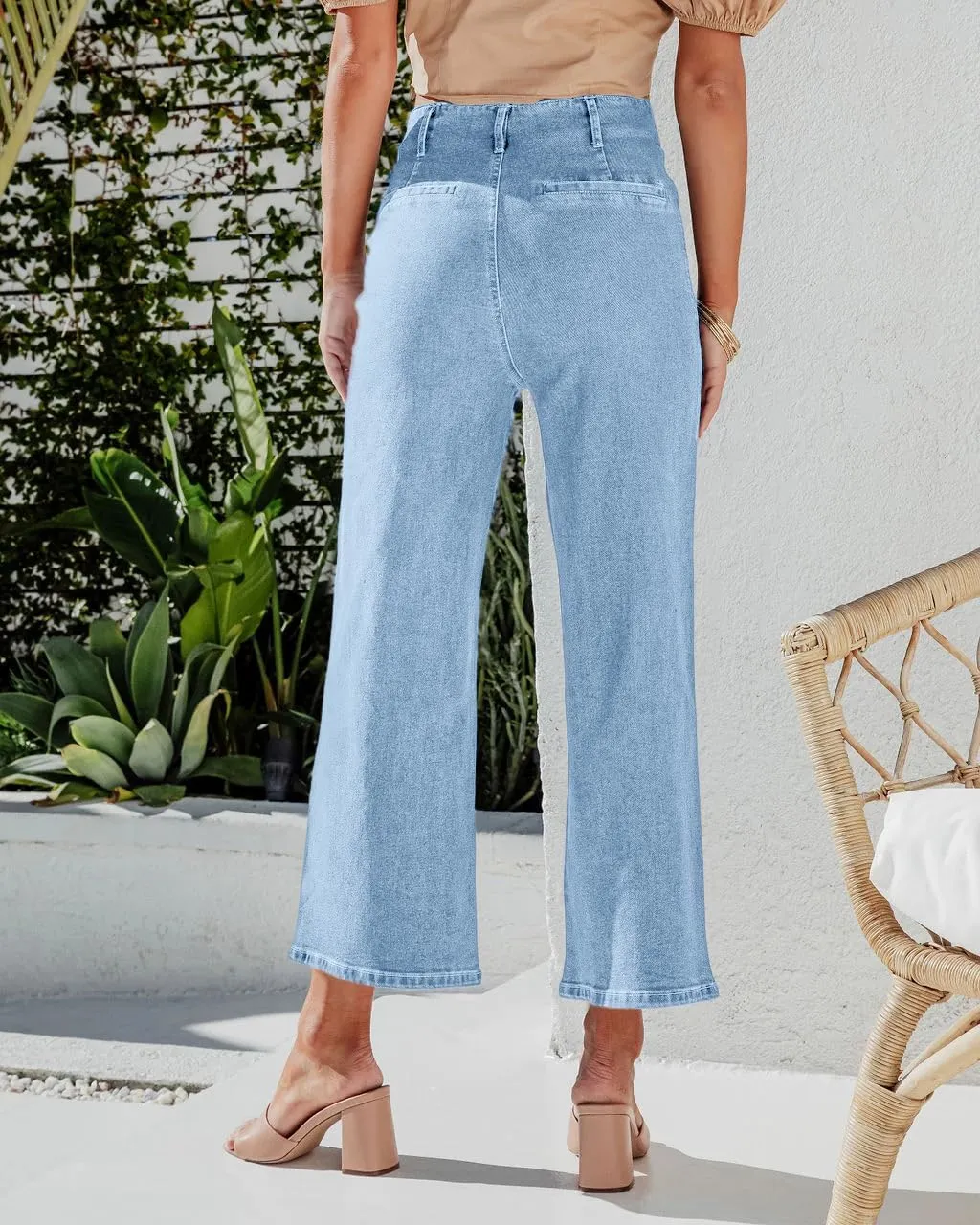 Cicy Bell Womens High Waisted Cropped Jeans Trendy Stretchy Button Fly Straight Wide Leg Capri Denim Pants