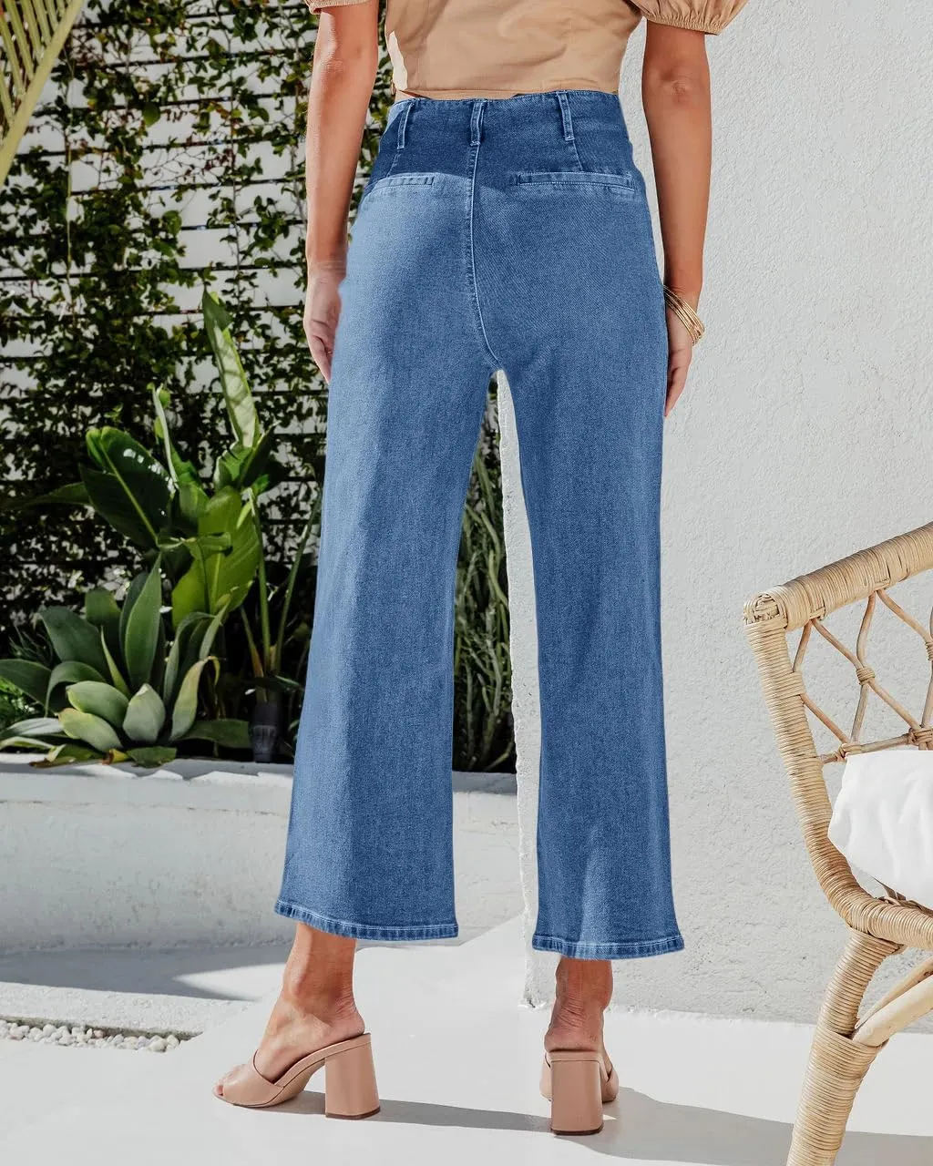 Cicy Bell Womens High Waisted Cropped Jeans Trendy Stretchy Button Fly Straight Wide Leg Capri Denim Pants
