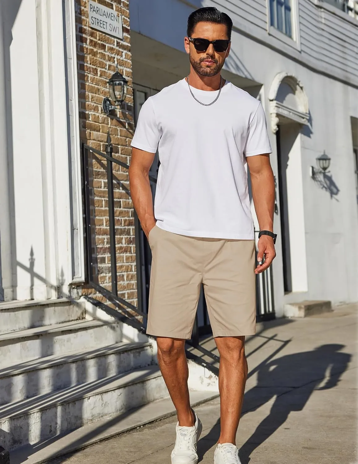 COOFANDY Mens Casual Shorts Cotton Elastic Drawstring Shorts Summer Beach Chino Shorts