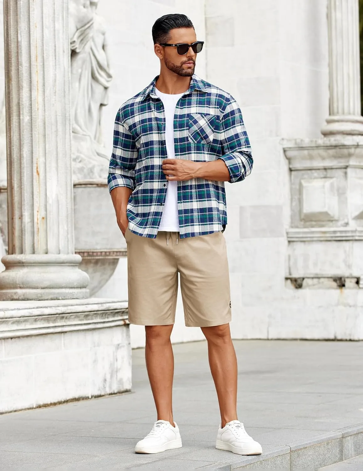 COOFANDY Mens Casual Shorts Cotton Elastic Drawstring Shorts Summer Beach Chino Shorts