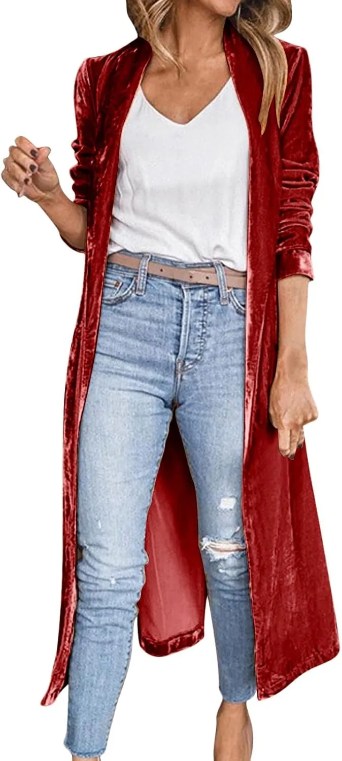 cooki Velvet Blazer Jackets for Women Velvet Trench Coat Open Front Cardigan with Pockets Long Lapel Winter Velvet Soft Coat