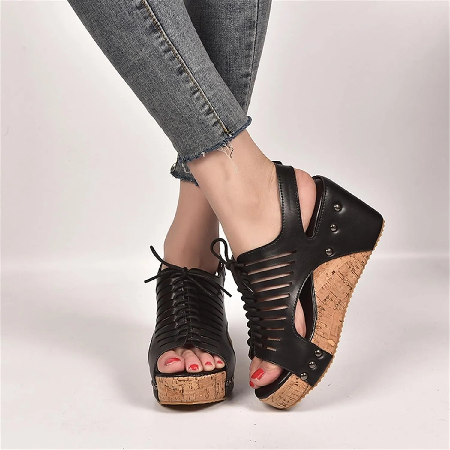 Cork Sandals for Women Lace Up Hollow Out Platform Sandal Hook And Loop Orthopedic Wedge Slides Comfortable Slip On Slides