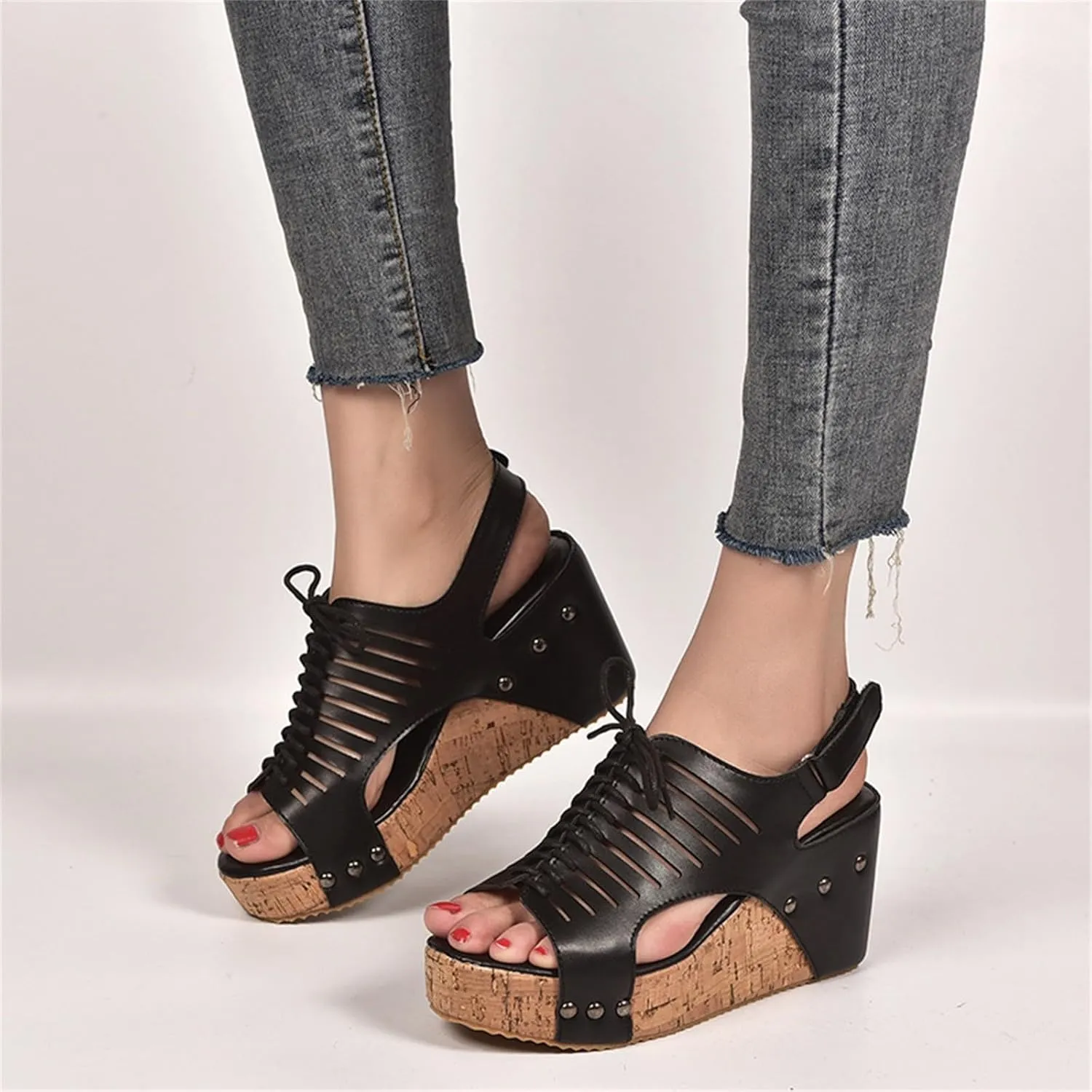 Cork Sandals for Women Lace Up Hollow Out Platform Sandal Hook And Loop Orthopedic Wedge Slides Comfortable Slip On Slides