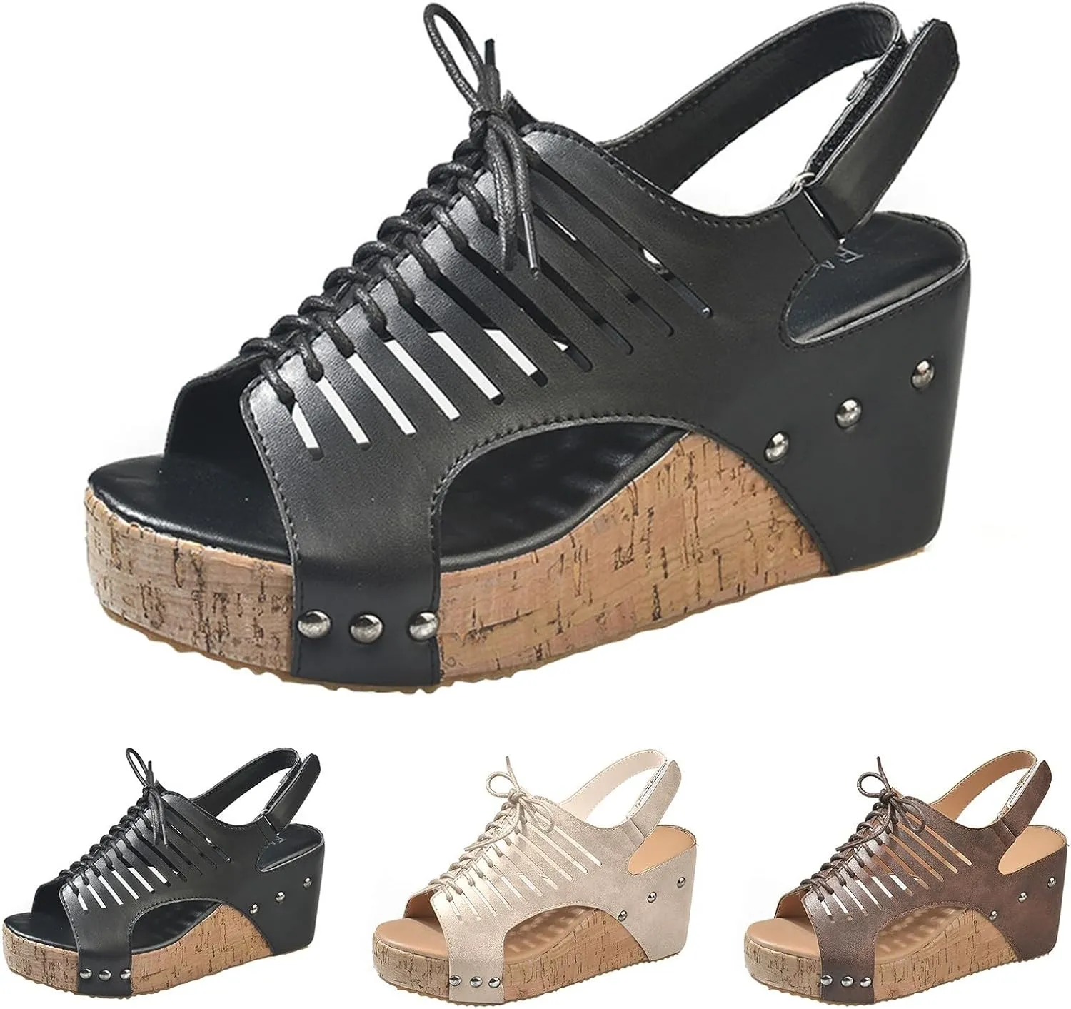 Cork Sandals for Women Lace Up Hollow Out Platform Sandal Hook And Loop Orthopedic Wedge Slides Comfortable Slip On Slides