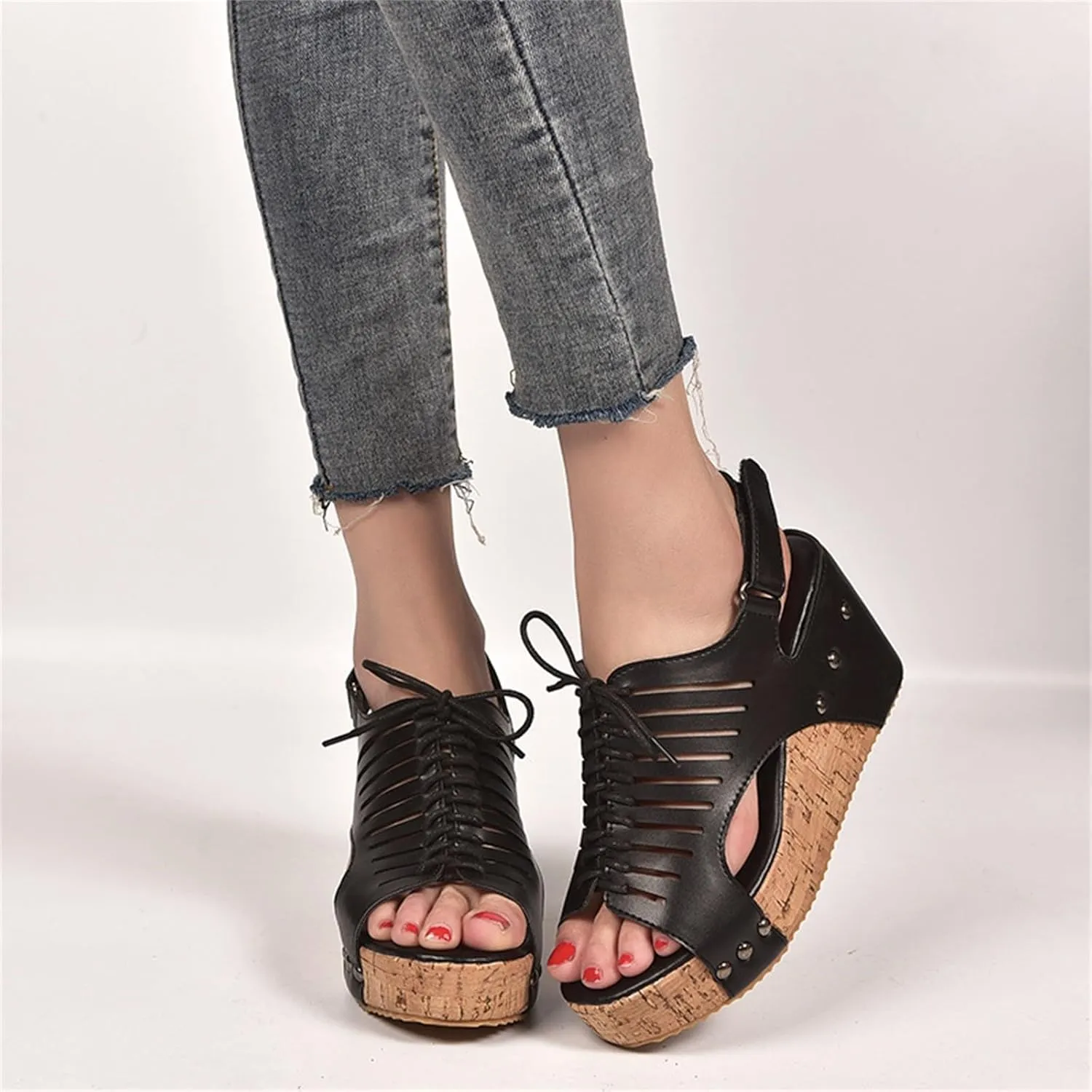 Cork Sandals for Women Lace Up Hollow Out Platform Sandal Hook And Loop Orthopedic Wedge Slides Comfortable Slip On Slides