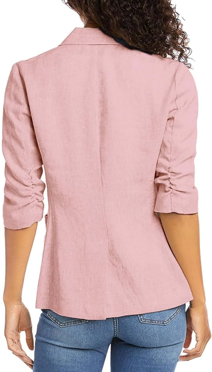 Cotton Linen Blazer Women 3/4 Stretchy Ruched Sleeve Fully Lined Boyfriend Lightweight Breathable Casual Work Jacket