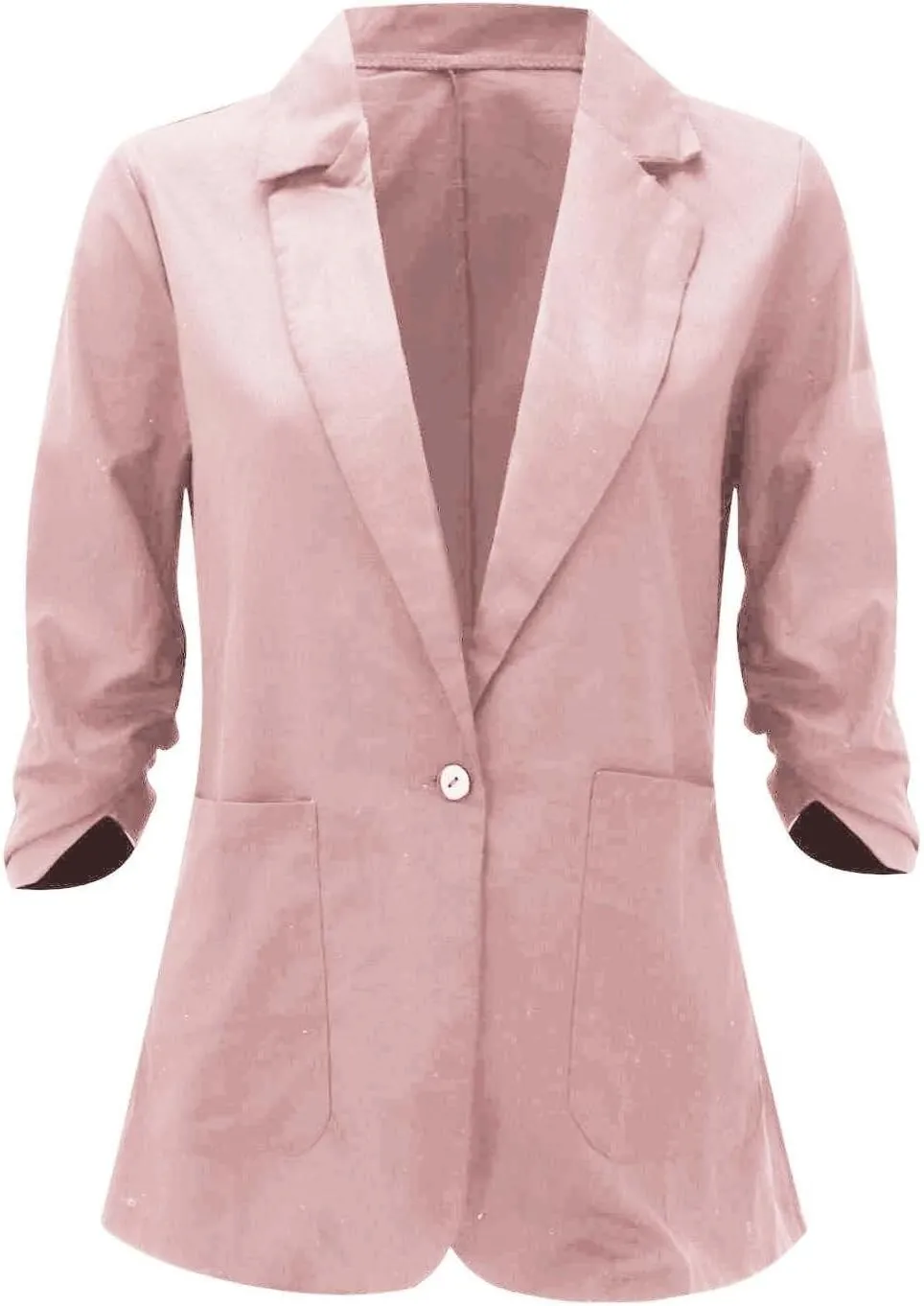 Cotton Linen Blazer Women 3/4 Stretchy Ruched Sleeve Fully Lined Boyfriend Lightweight Breathable Casual Work Jacket