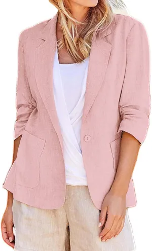 Cotton Linen Blazer Women 3/4 Stretchy Ruched Sleeve Fully Lined Boyfriend Lightweight Breathable Casual Work Jacket