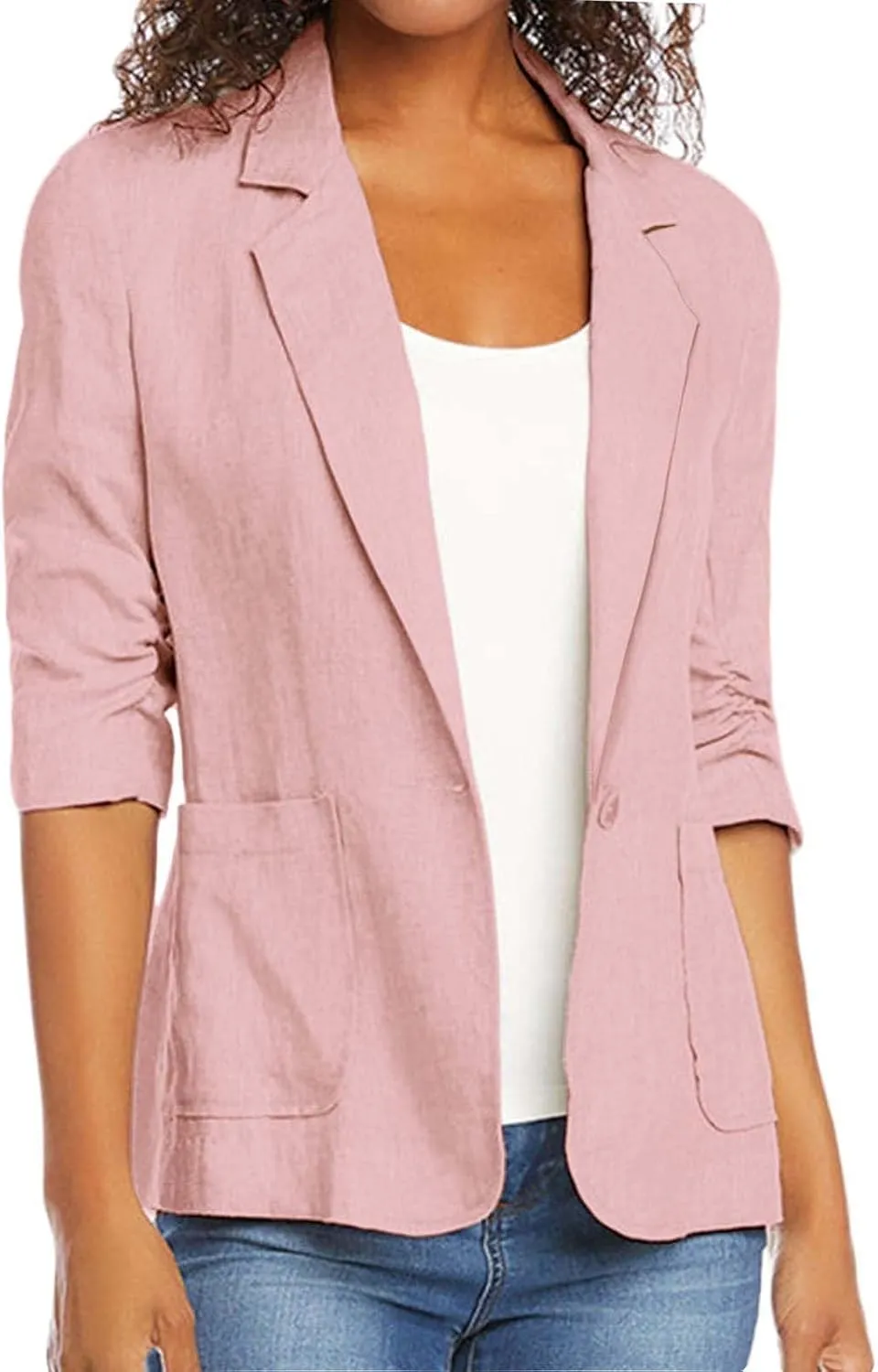 Cotton Linen Blazer Women 3/4 Stretchy Ruched Sleeve Fully Lined Boyfriend Lightweight Breathable Casual Work Jacket