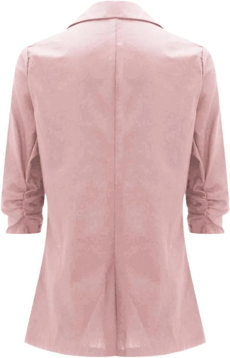 Cotton Linen Blazer Women 3/4 Stretchy Ruched Sleeve Fully Lined Boyfriend Lightweight Breathable Casual Work Jacket