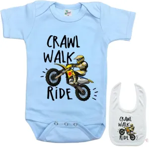 Crawl Walk Ride -Cute Motorcycle Shirt Newborn Baby Bodysuit Outfit Onesie & Bib