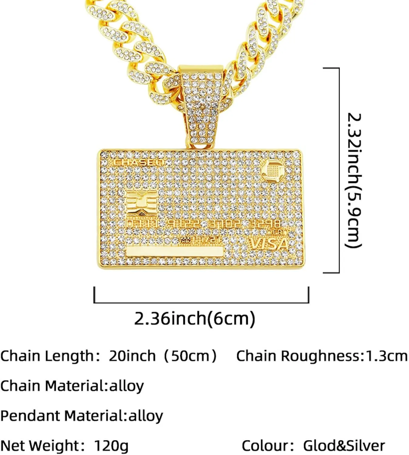 Credit card Hip-hop Cuban Chain, Rhinestone Pendant Necklace Jewelry For MenMen's Fashion Jewelry