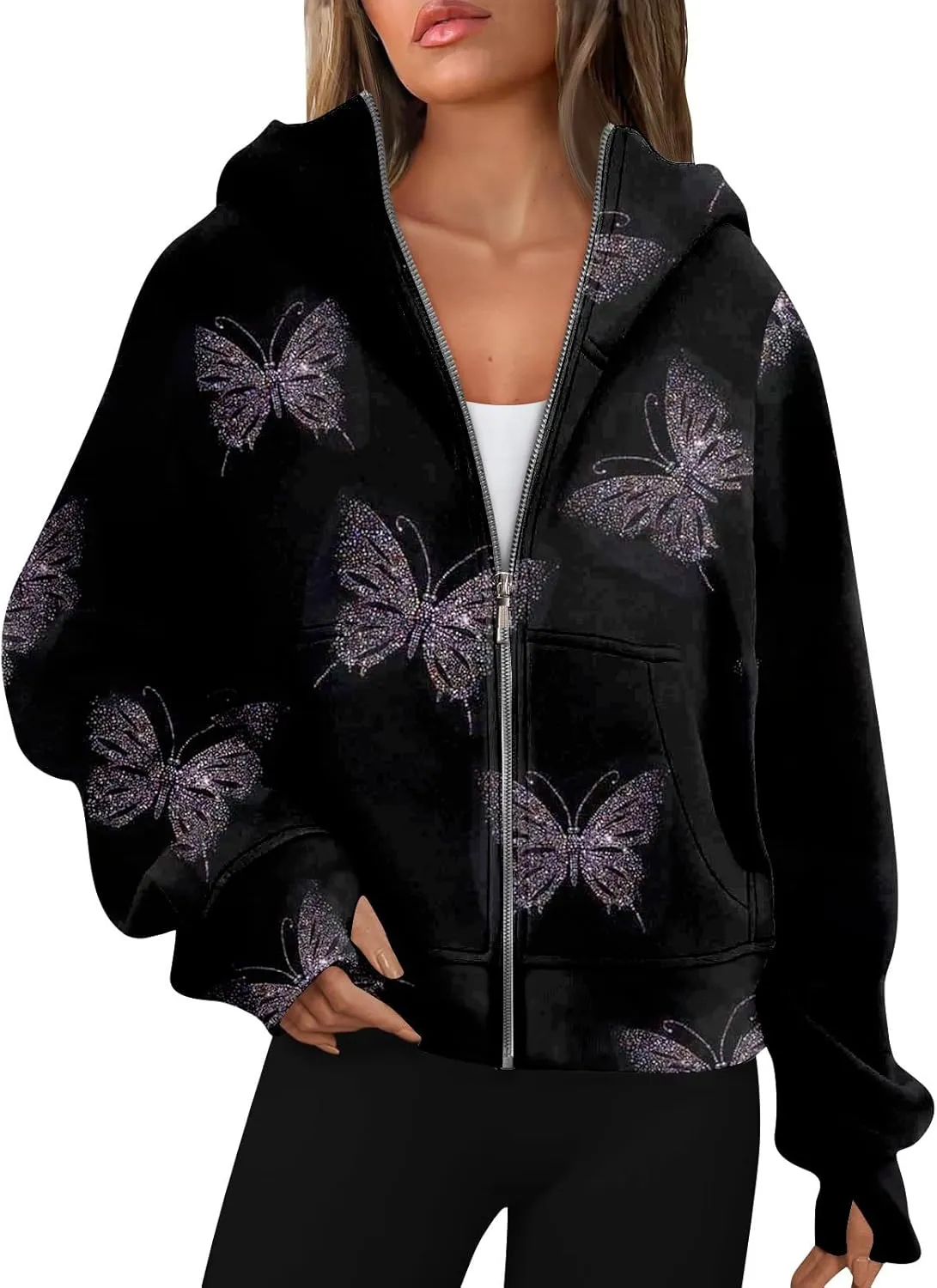 Cropped Hoodie Women Zip Pullover Thumb Hole Fall Hoodies Comfy Solid Long Sleeve Shirts Winter Clothes With Pockets
