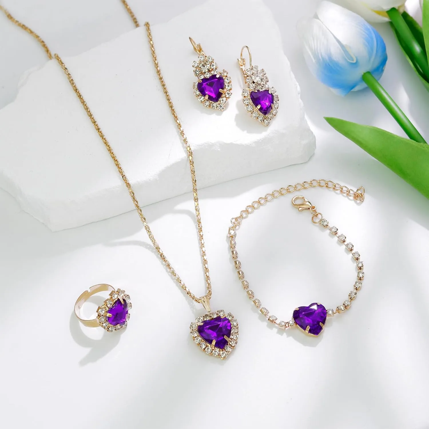 Crystal Heart Jewelry Sets, Sparkling Hearts Necklace/Bracelet/Earring/Ring Red Artificial Crystal Prom Jewelry Set for Bride Jewelry Birthday Gifts for Wife Women