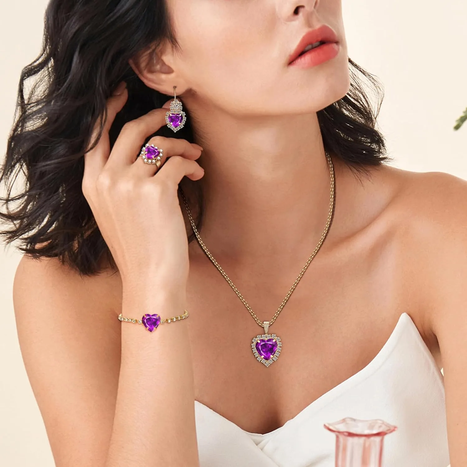 Crystal Heart Jewelry Sets, Sparkling Hearts Necklace/Bracelet/Earring/Ring Red Artificial Crystal Prom Jewelry Set for Bride Jewelry Birthday Gifts for Wife Women
