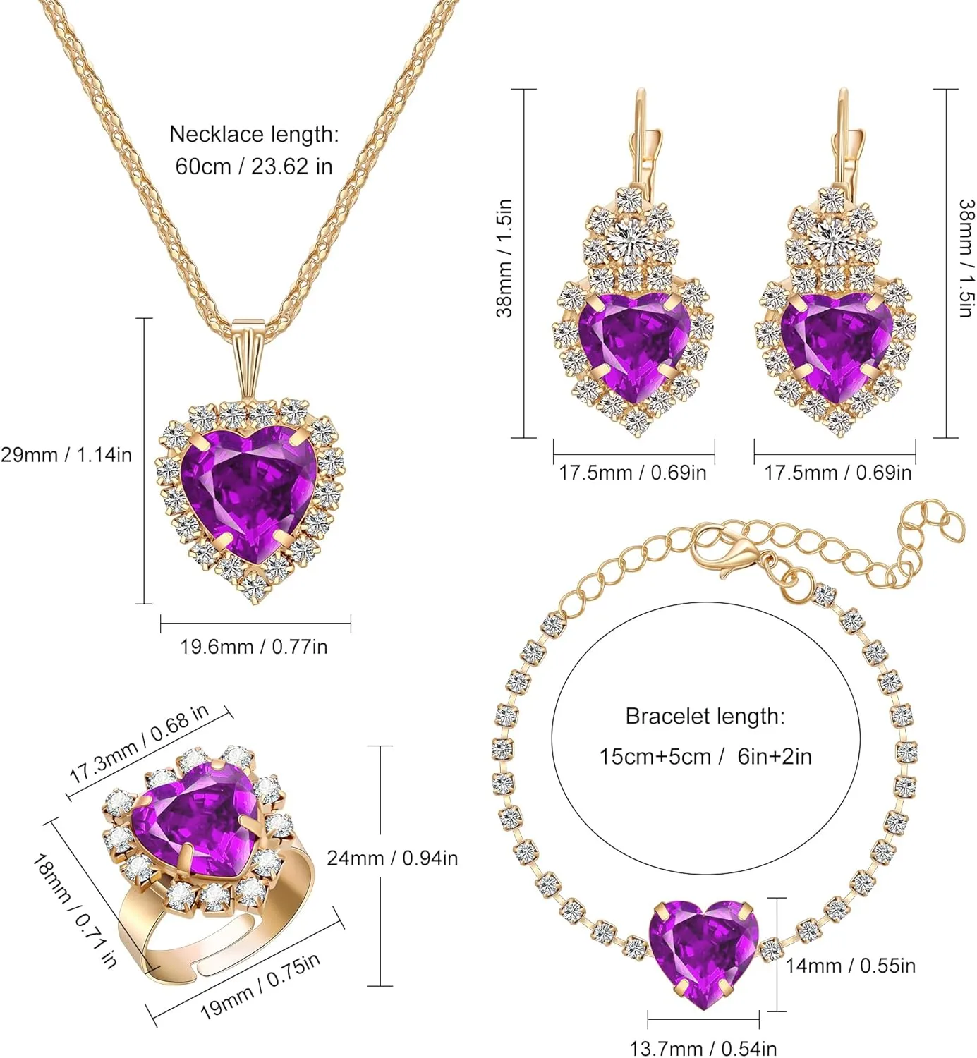 Crystal Heart Jewelry Sets, Sparkling Hearts Necklace/Bracelet/Earring/Ring Red Artificial Crystal Prom Jewelry Set for Bride Jewelry Birthday Gifts for Wife Women