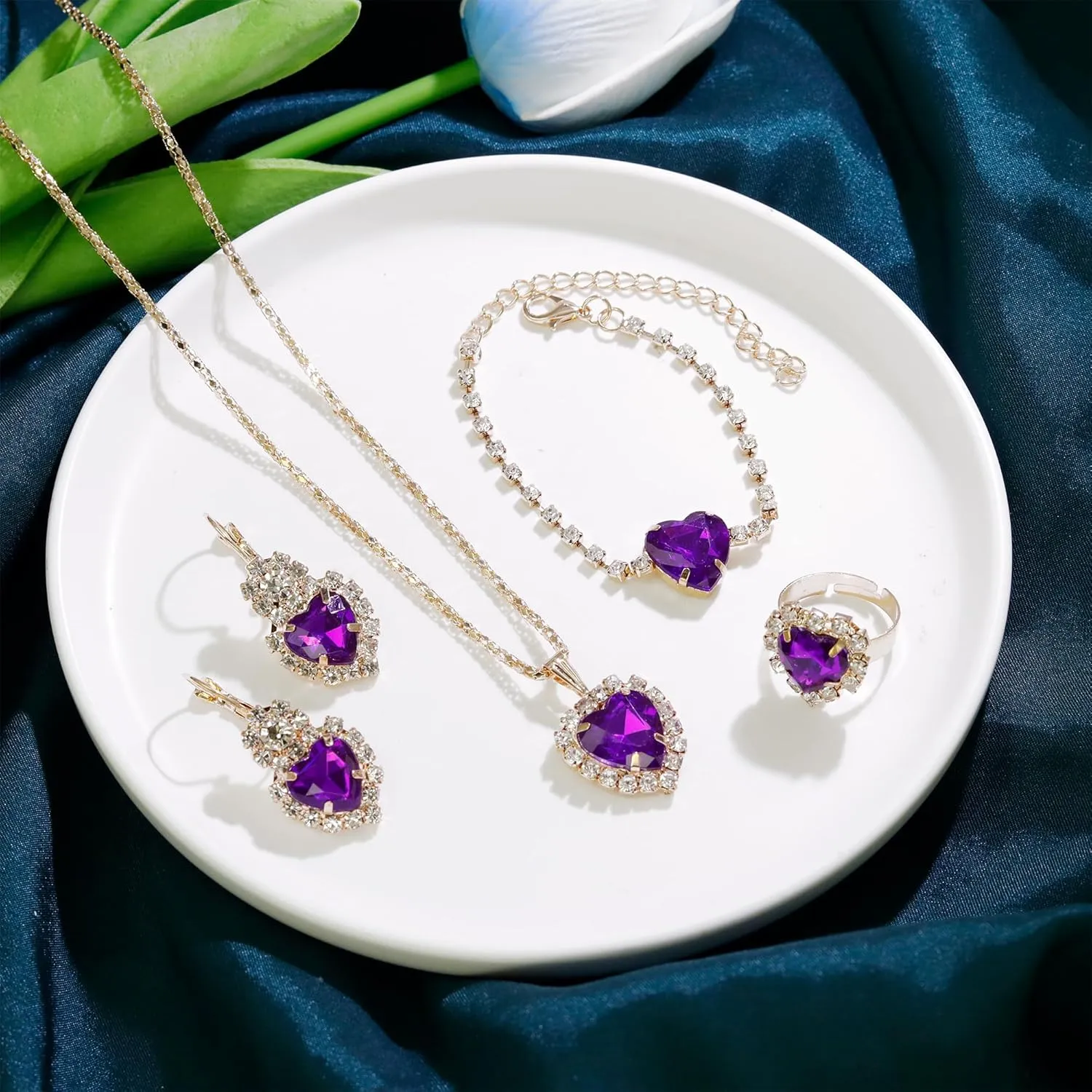 Crystal Heart Jewelry Sets, Sparkling Hearts Necklace/Bracelet/Earring/Ring Red Artificial Crystal Prom Jewelry Set for Bride Jewelry Birthday Gifts for Wife Women