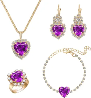 Crystal Heart Jewelry Sets, Sparkling Hearts Necklace/Bracelet/Earring/Ring Red Artificial Crystal Prom Jewelry Set for Bride Jewelry Birthday Gifts for Wife Women