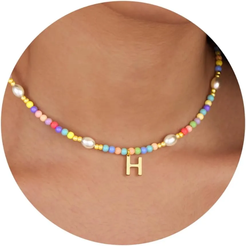 Cute Beaded Initial Necklaces for Girls Trendy Dainty Colorful Pearl Letter Choker Charm Necklace for Women Teen Girls Handmade 14K Gold Plated Bohemian Birthday Personalized Jewelry Gifts