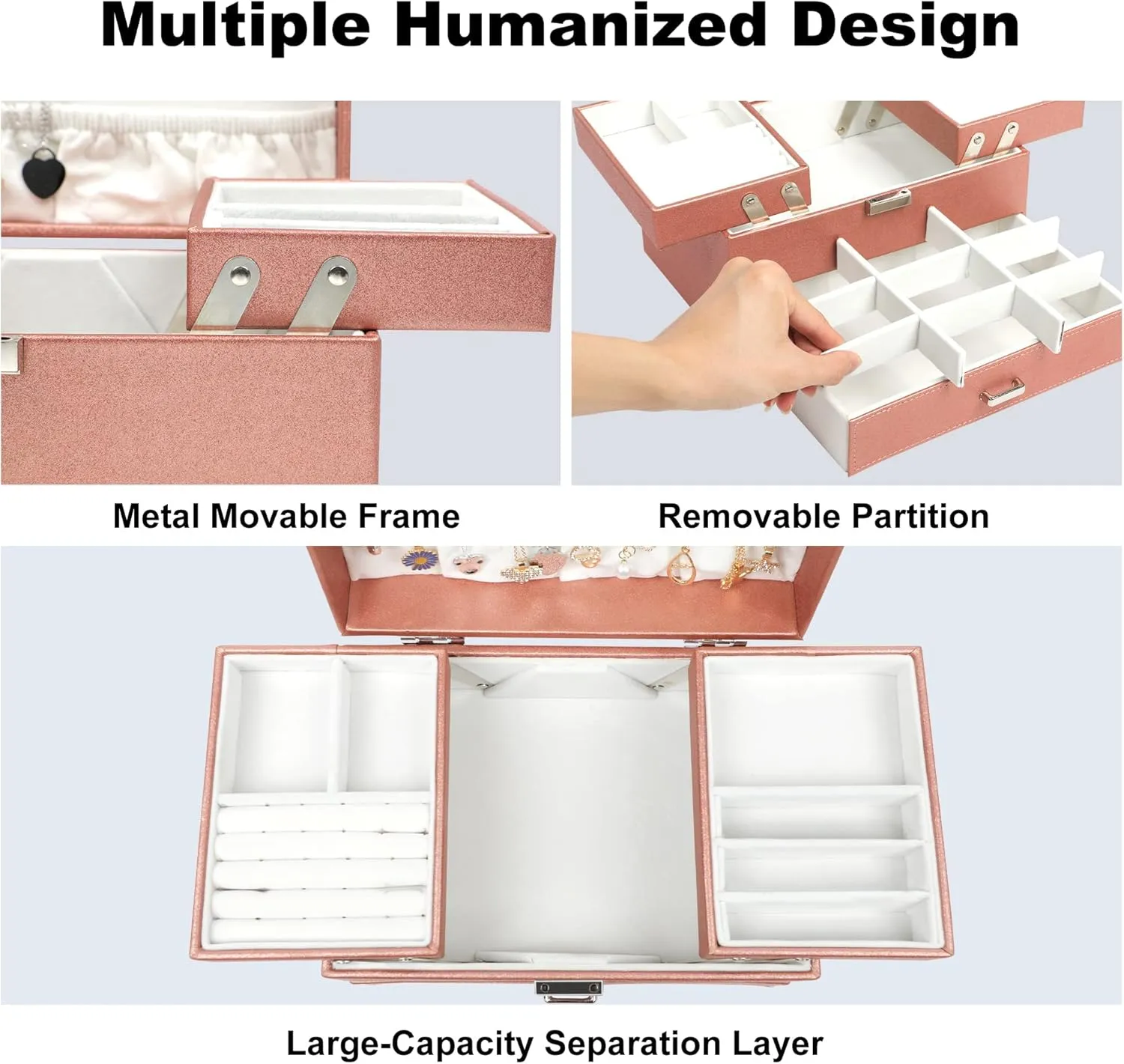 Dajasan Jewelry Organizer Box, Jewelry Box Organizer for Women Girls, 3 Layers Large Jewelry Storage Case for Earring, Rings, Necklaces Bracelets, Watch (Rose Gold)