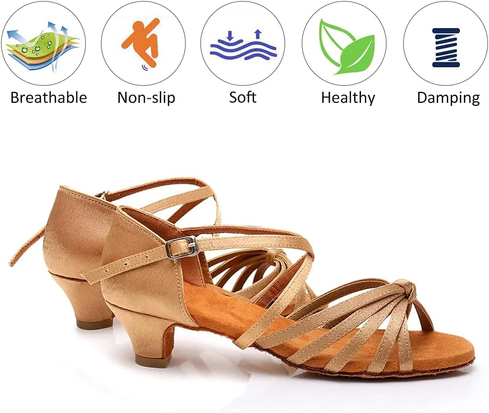 DKZSYIM Girls&Women's Satin Latin Dance Shoes Professional Ballroom Salsa Practice Performance Dancing Shoes, Model XGG-Children