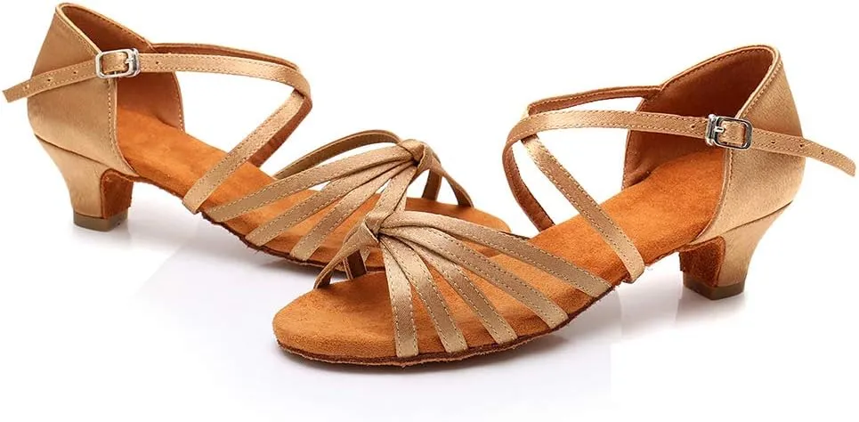 DKZSYIM Girls&Women's Satin Latin Dance Shoes Professional Ballroom Salsa Practice Performance Dancing Shoes, Model XGG-Children