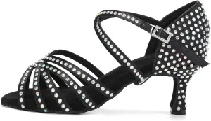 DKZSYIM Women's Satin Latin Dance Shoes Rhinestone Ballroom Salsa Performance Practice Dancing Shoes,AFCT40403-Black-6.5,US 9
