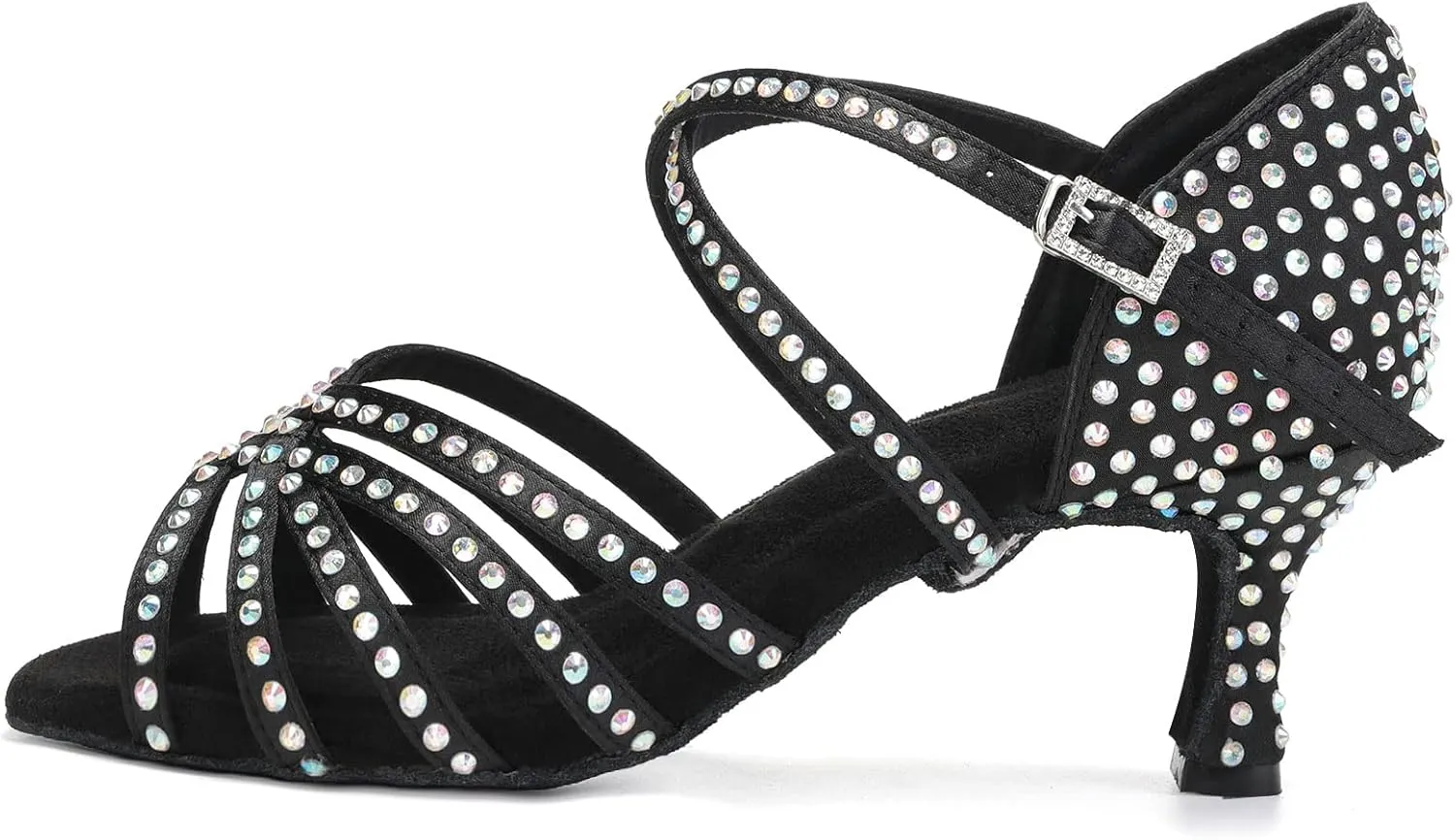 DKZSYIM Women's Satin Latin Dance Shoes Rhinestone Ballroom Salsa Performance Practice Dancing Shoes,AFCT40403-Black-6.5,US 9