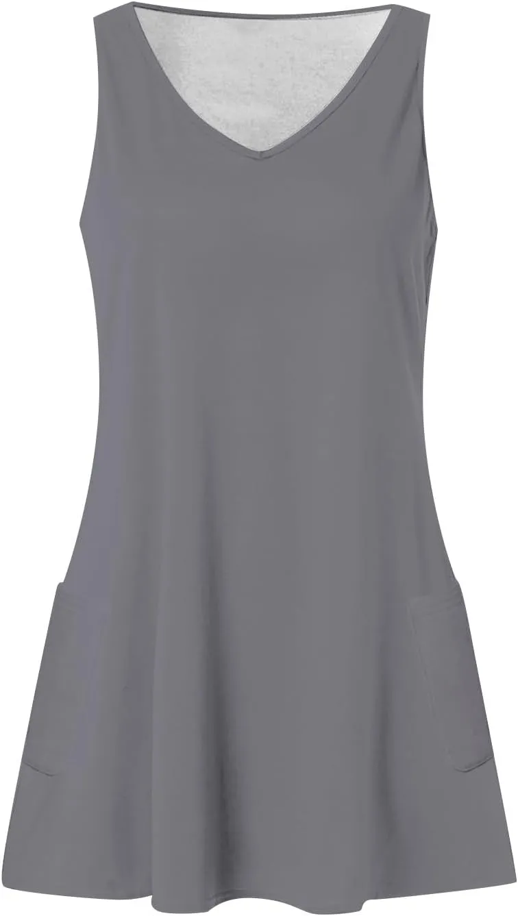 DOPOCQ Summer Dresses for Women 2024 Sexy V Neck Sleeveless Boho Beach Dress Casual Plus Size Solid Color Tank Mini Dresses