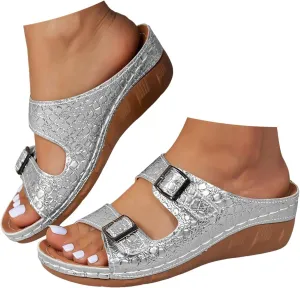 Double Sandals For Women Summer Round Head Hollow Metal Wedge Heel Outdoor Plaid Beach Flip Womens Sandals with Strap
