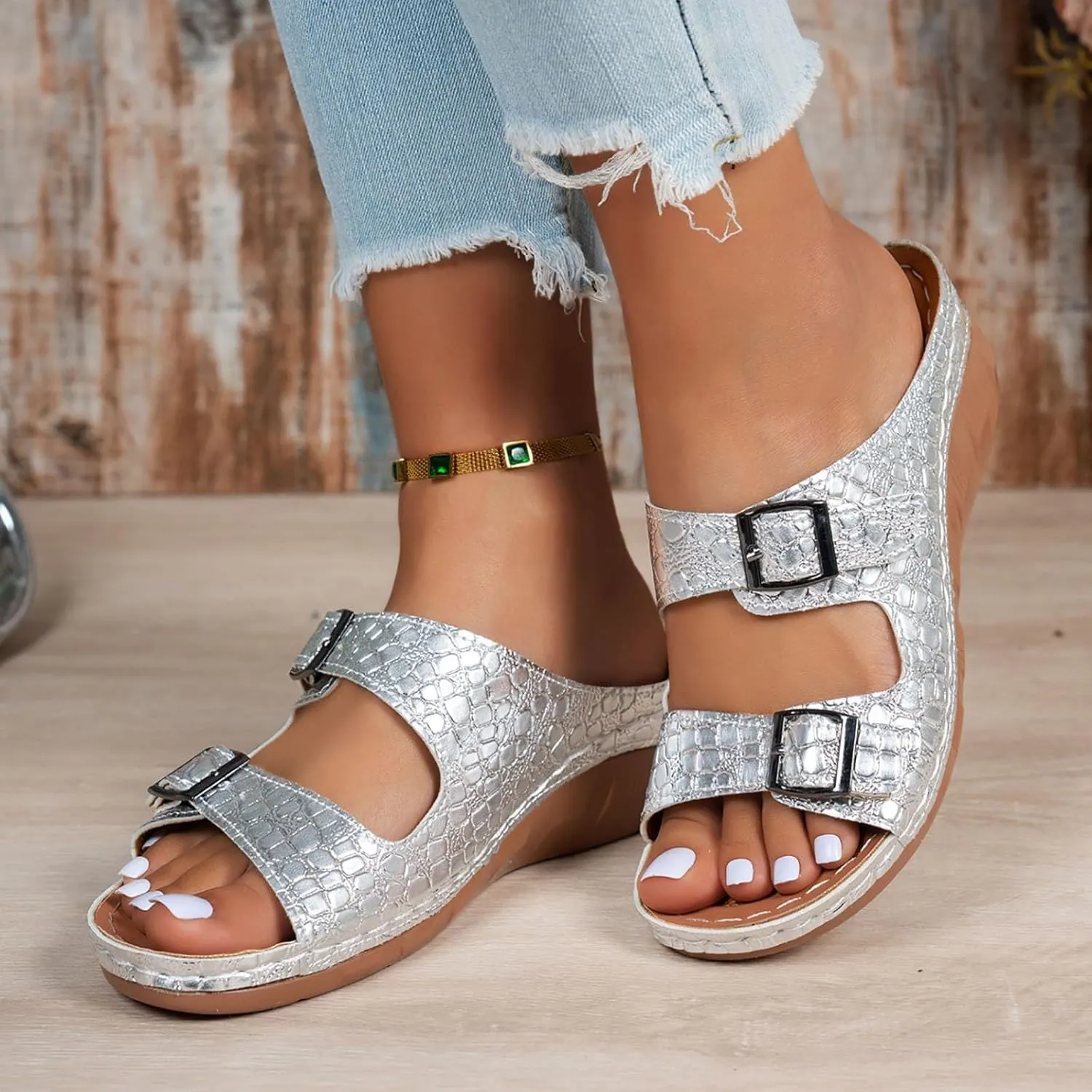Double Sandals For Women Summer Round Head Hollow Metal Wedge Heel Outdoor Plaid Beach Flip Womens Sandals with Strap