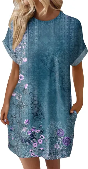 DPKLAD Womens Casual Summer T Shirt Dress Loose Short Sleeve Tunic Dress with Pocket for Women