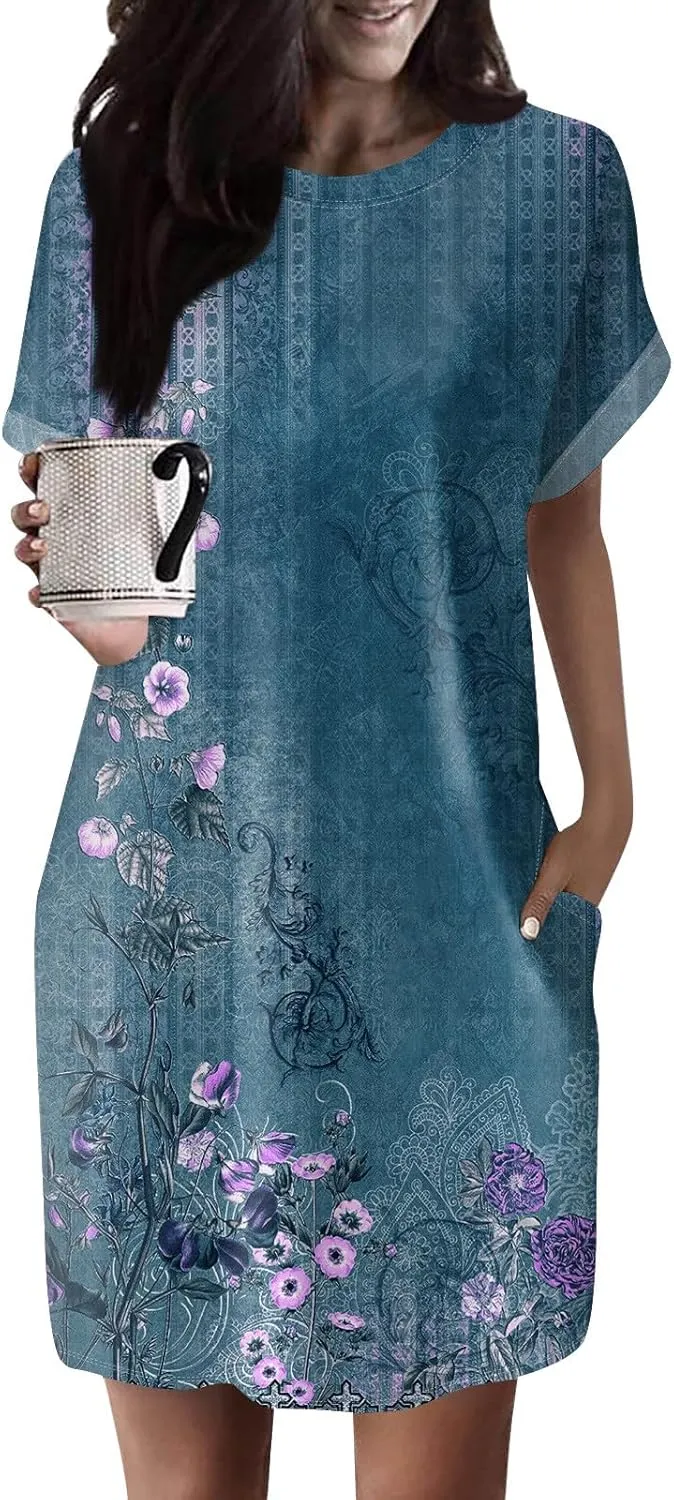 DPKLAD Womens Casual Summer T Shirt Dress Loose Short Sleeve Tunic Dress with Pocket for Women