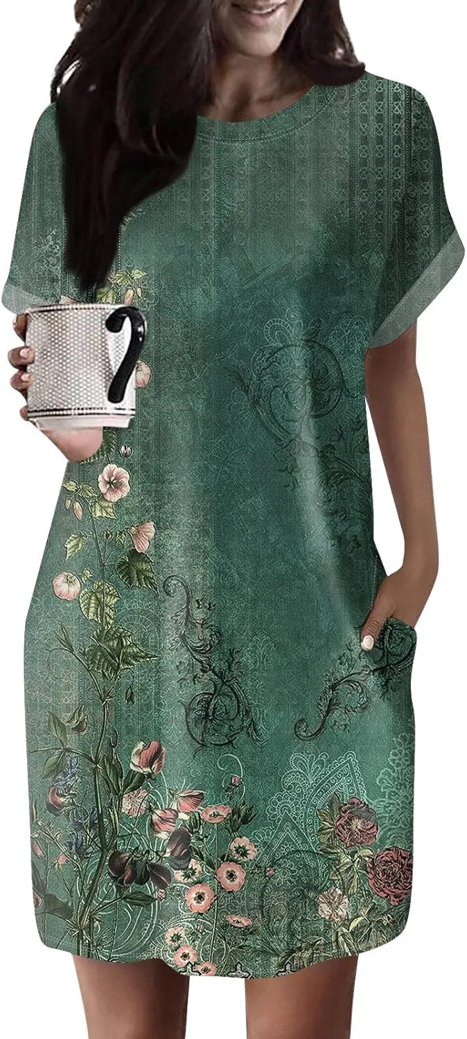 DPKLAD Womens Casual Summer T Shirt Dress Loose Short Sleeve Tunic Dress with Pocket for Women