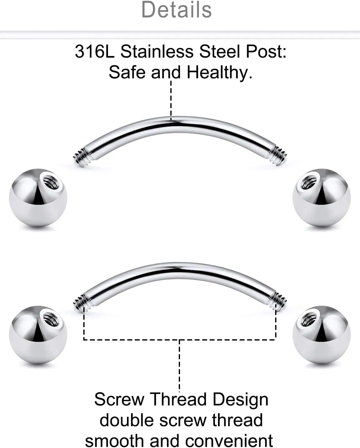 Dyknasz 20G 16G Eyebrow Piercing Jewelry Stainless Steel Vertical Labret Lip Jewelry Curved Barbell Rook Piercing Jewelry Small Belly Button Ring for Women Men