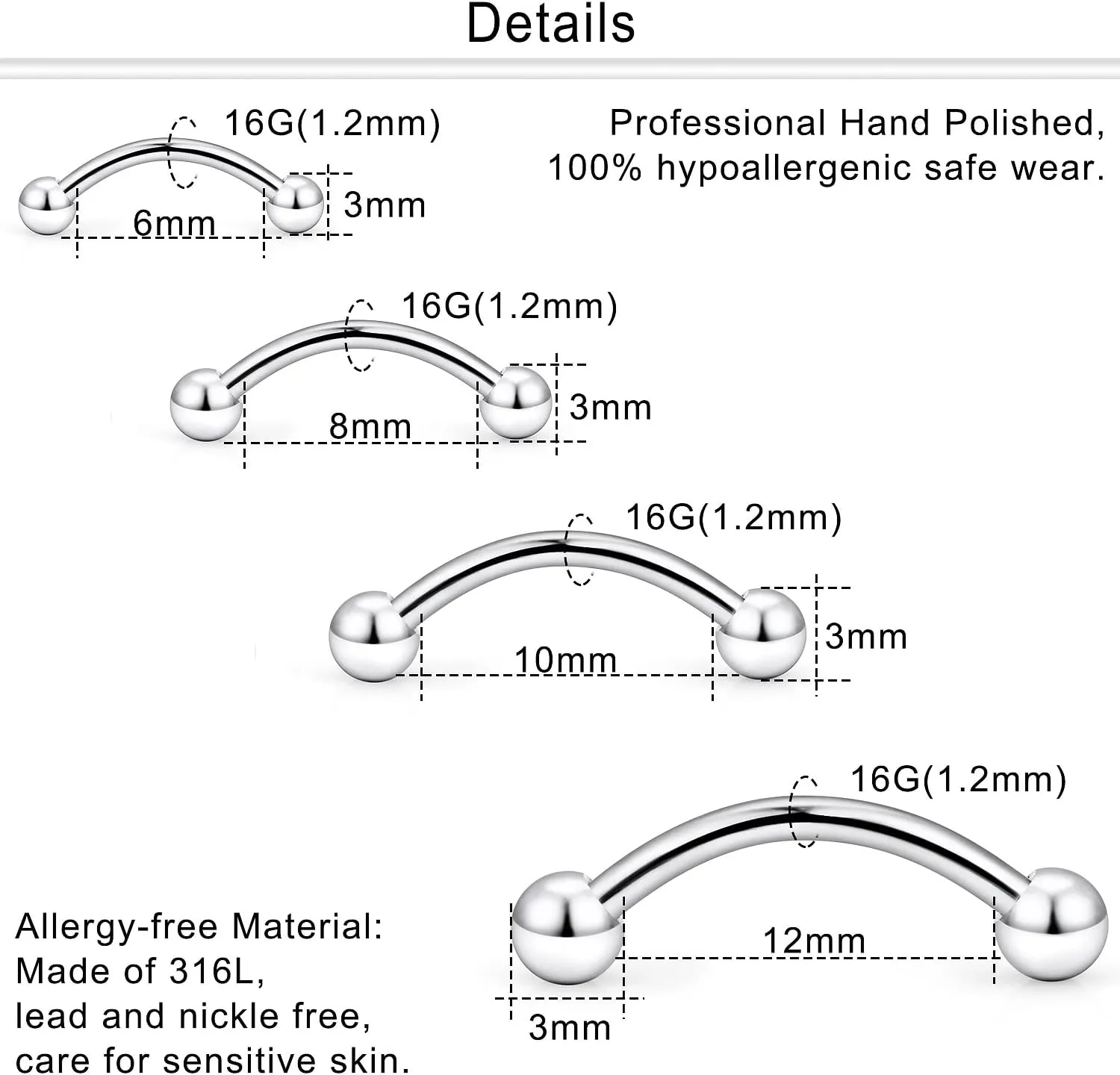 Dyknasz 20G 16G Eyebrow Piercing Jewelry Stainless Steel Vertical Labret Lip Jewelry Curved Barbell Rook Piercing Jewelry Small Belly Button Ring for Women Men