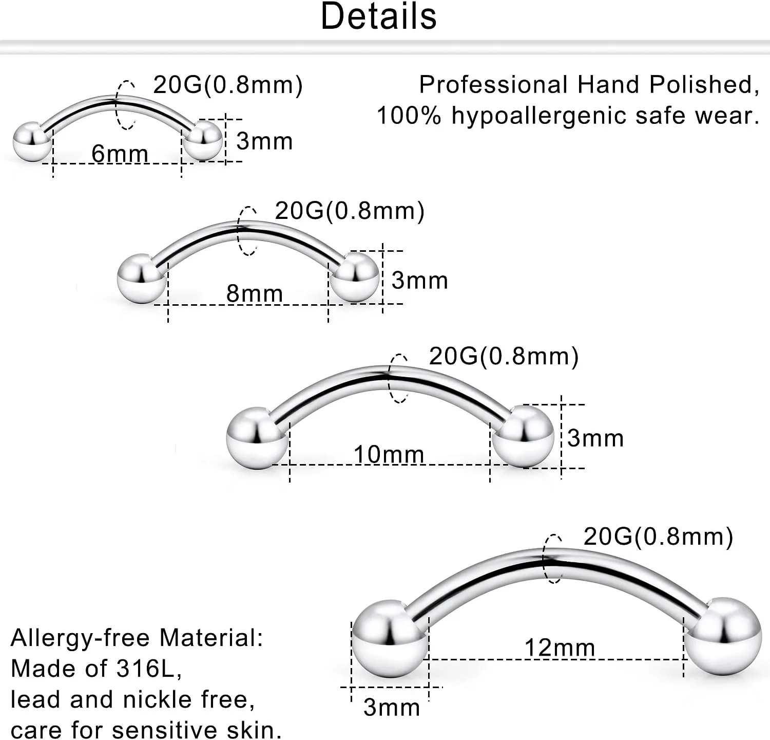 Dyknasz 20G 16G Eyebrow Piercing Jewelry Stainless Steel Vertical Labret Lip Jewelry Curved Barbell Rook Piercing Jewelry Small Belly Button Ring for Women Men