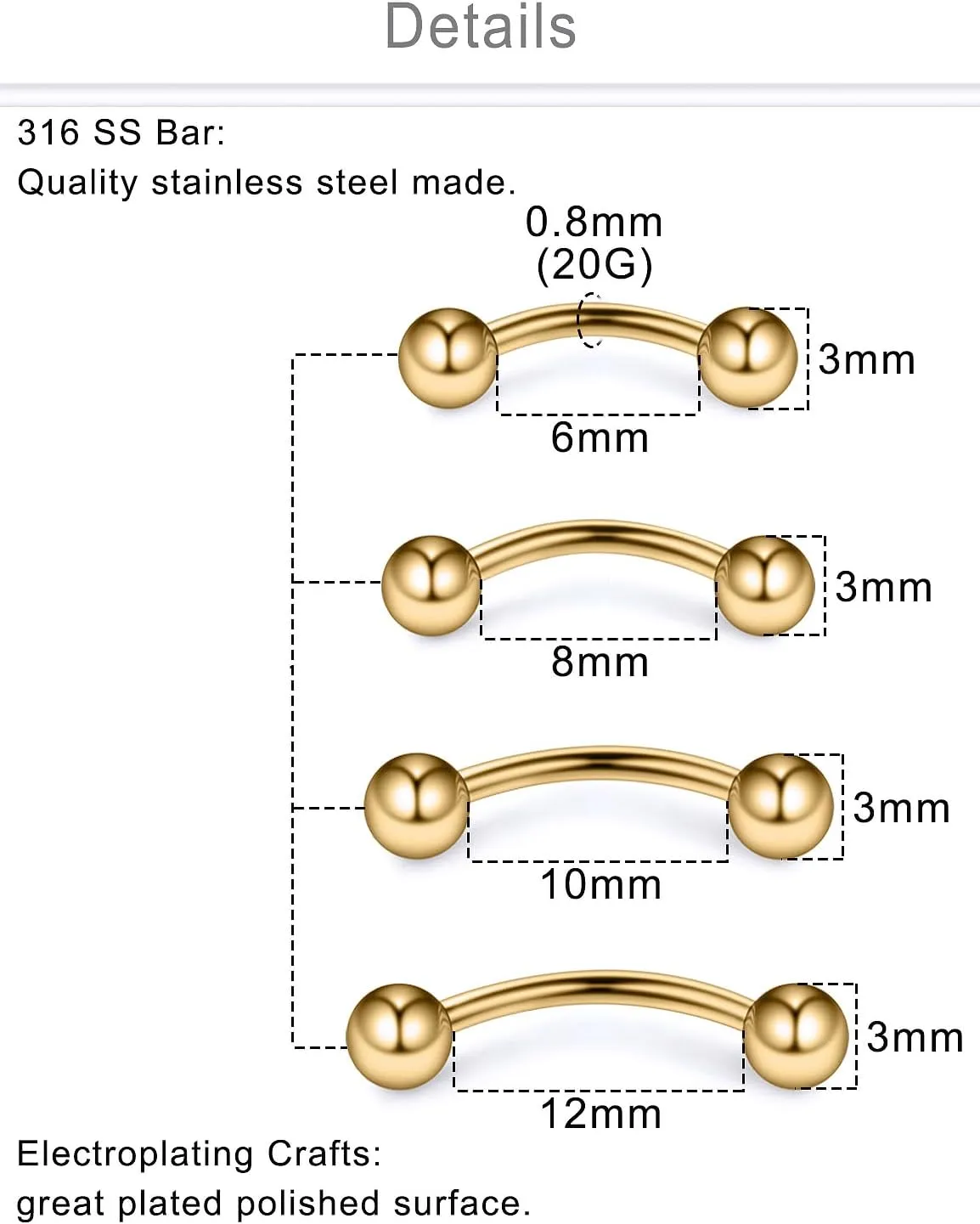 Dyknasz 20G 16G Eyebrow Piercing Jewelry Stainless Steel Vertical Labret Lip Jewelry Curved Barbell Rook Piercing Jewelry Small Belly Button Ring for Women Men