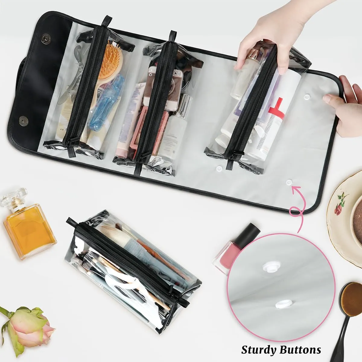 Education Books Foldable Toiletry Bag with Detachable Removable Pouches Hanging 4 in 1 Roll Up Large Makeup Toiletry Organizer Storage Bag with Handle