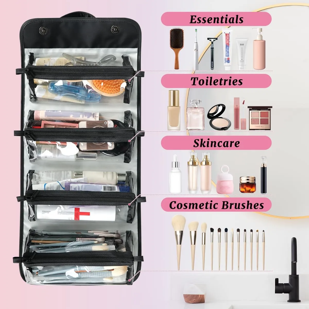 Education Books Foldable Toiletry Bag with Detachable Removable Pouches Hanging 4 in 1 Roll Up Large Makeup Toiletry Organizer Storage Bag with Handle