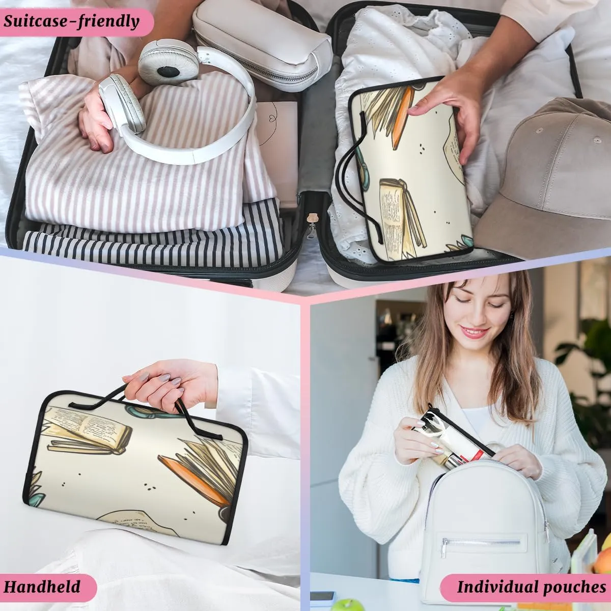 Education Books Foldable Toiletry Bag with Detachable Removable Pouches Hanging 4 in 1 Roll Up Large Makeup Toiletry Organizer Storage Bag with Handle